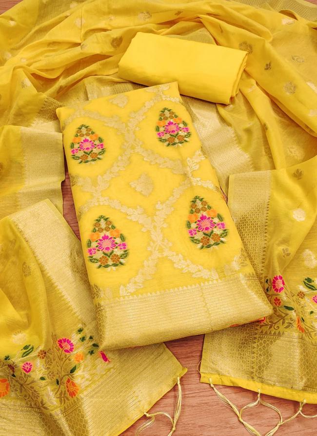 Pure Chanderi Banarasi Silk Yellow Festival Wear Embroidery Work Dress Material